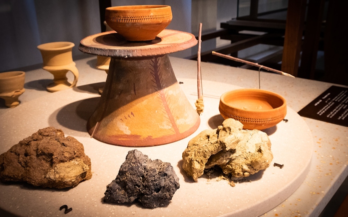 Pottery and artifacts display at Al Shindagha Museum, Dubai.