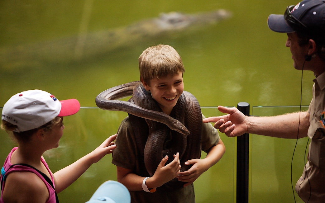 Child with snake at Hartley’s Crocodile Adventures, guided interaction.