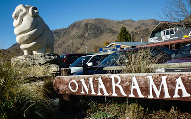 Omarama sheep statue with mountains in the background on the Mt Cook & Lake Tekapo tour route.
