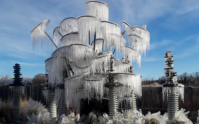 Icicles on power equipment near Mt Cook, New Zealand, during a small group tour from Christchurch.