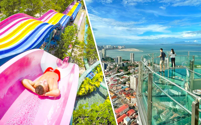 Water slide at ESCAPE Penang and skywalk view of Penang city and coastline.