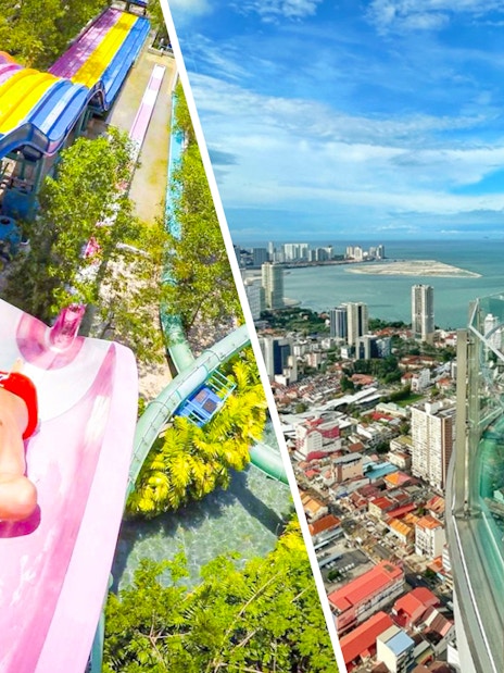 Water slide at ESCAPE Penang and skywalk view of Penang city and coastline.