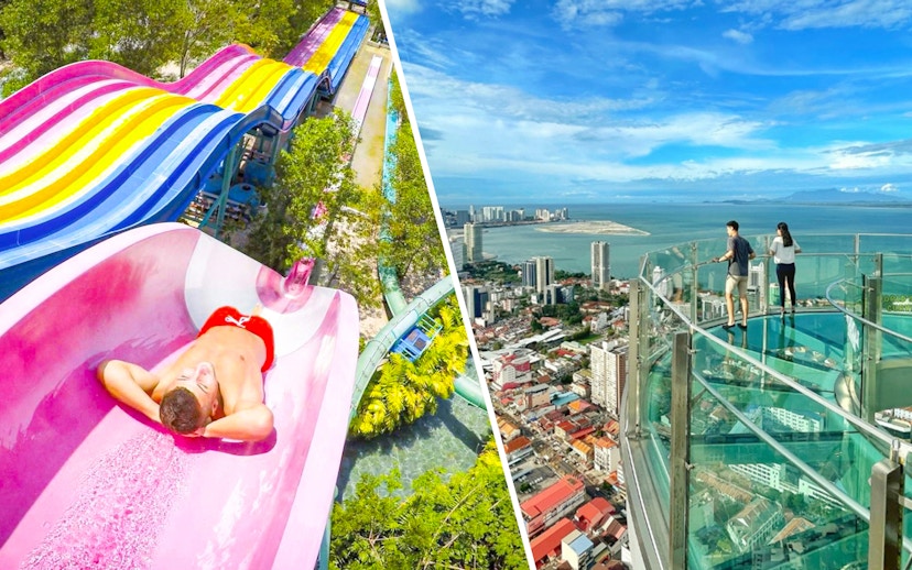Water slide at ESCAPE Penang and skywalk view of Penang city and coastline.