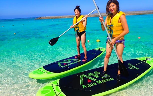 Paddleboarding on clear waters during Minna Island day trip.