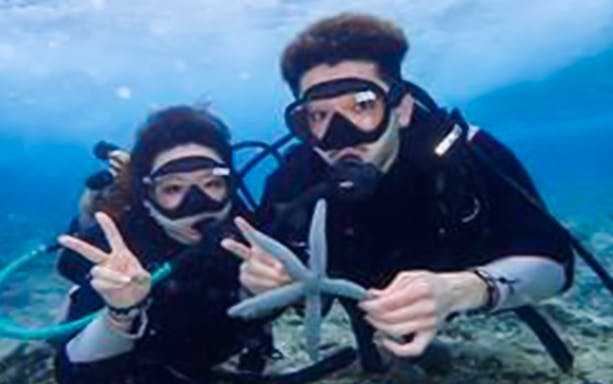 Scuba divers exploring underwater with a starfish on Minna Island day trip.