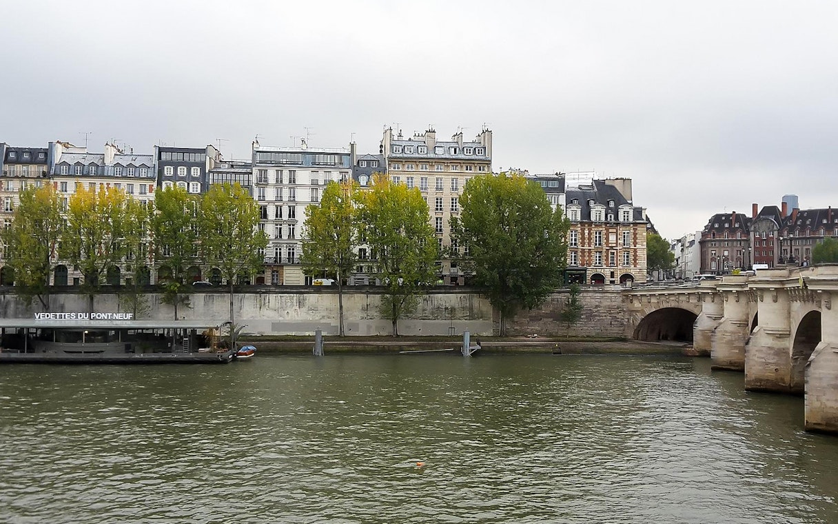 Seine River view with Pont Neuf bridge and Parisian buildings, near Musée d'Orsay.