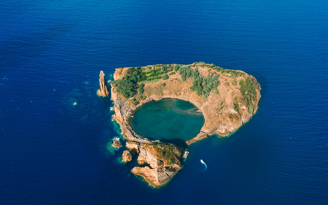 Aerial view of Islet of Vila Franca do Campo, a volcanic crater in the Azores, Portugal.