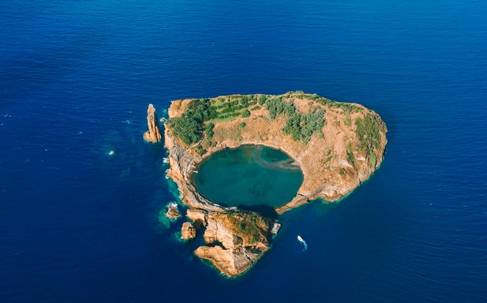 Aerial view of Islet of Vila Franca do Campo, a volcanic crater in the Azores, Portugal.