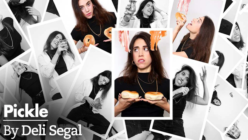 Collage of a woman with bagels and salmon, related to "Pickle" by Deli Segal.