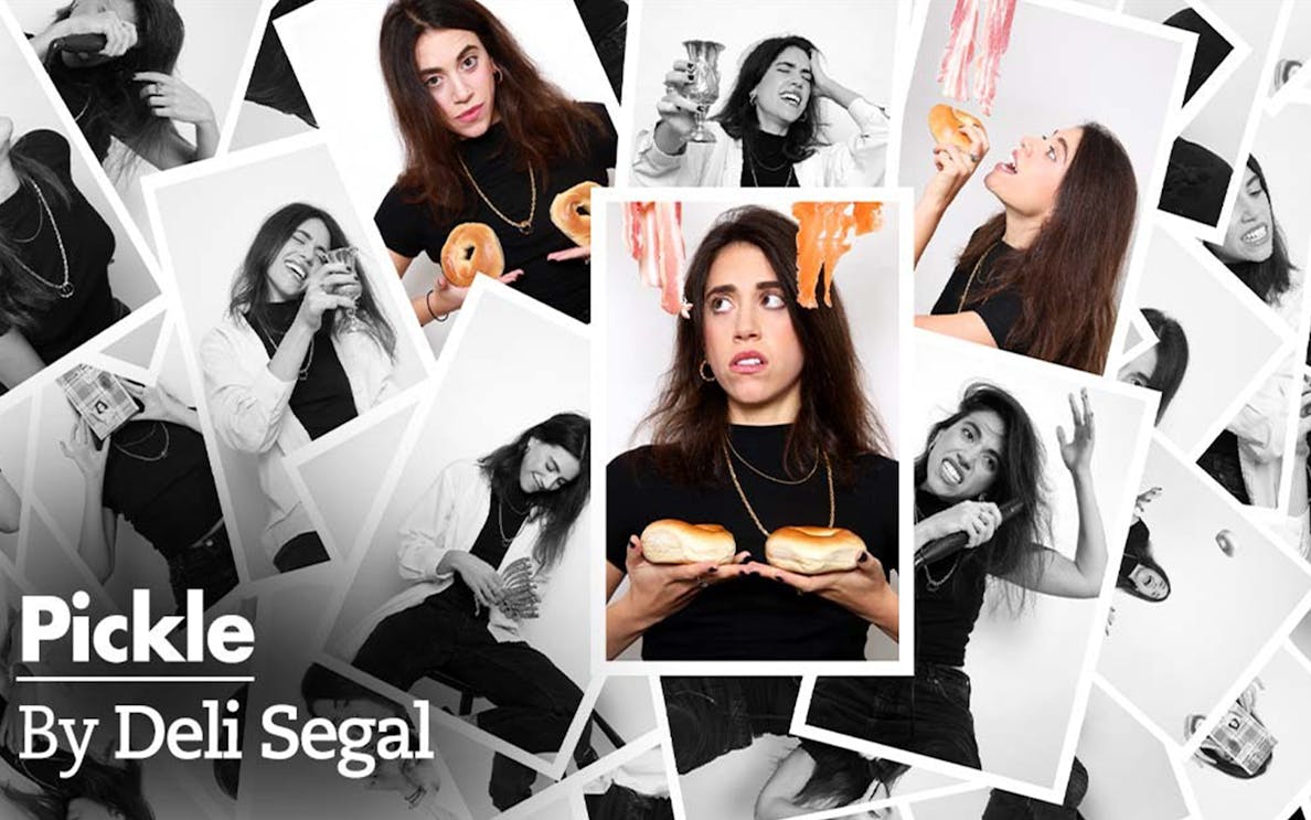 Collage of a woman with bagels and salmon, related to "Pickle" by Deli Segal.