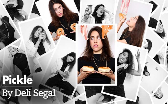 Collage of a woman with bagels and salmon, related to "Pickle" by Deli Segal.