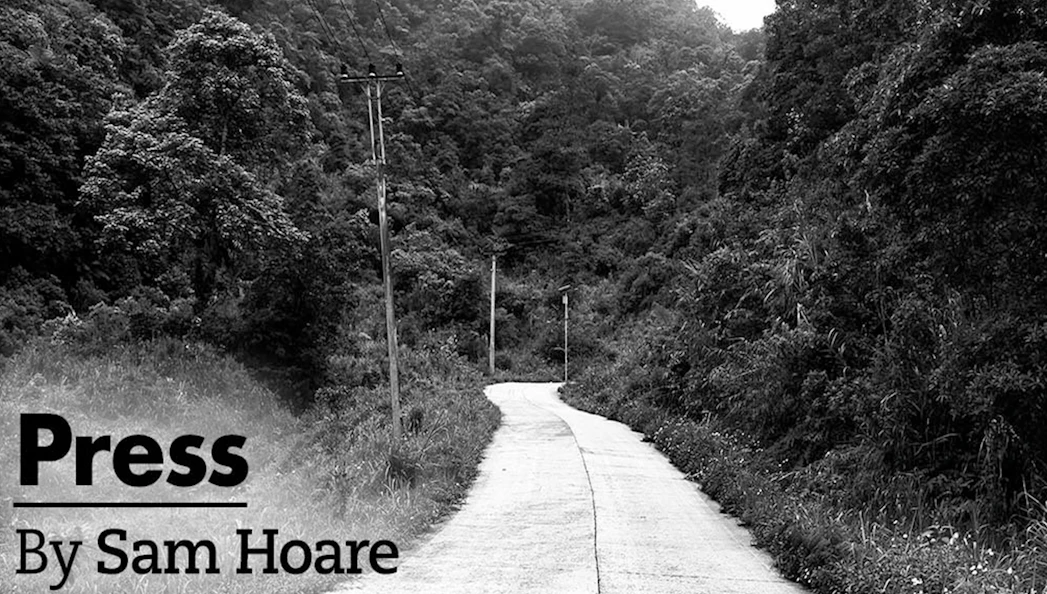 Winding road through dense forest with power lines, titled "Press" by Sam Hoare.