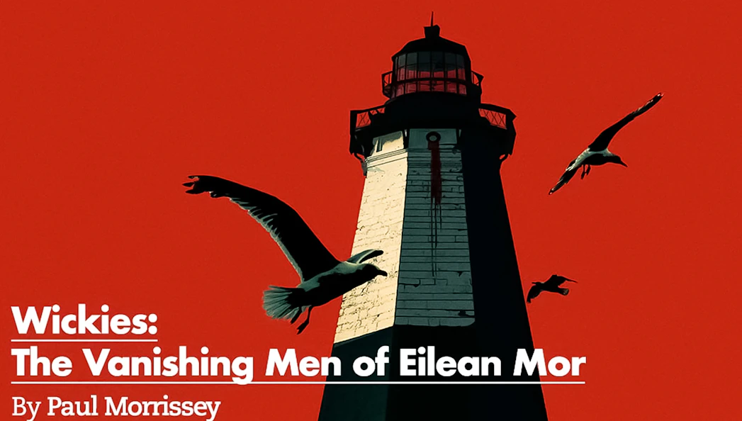 Lighthouse on Eilean Mor with birds flying against a red sky, related to Wickies.