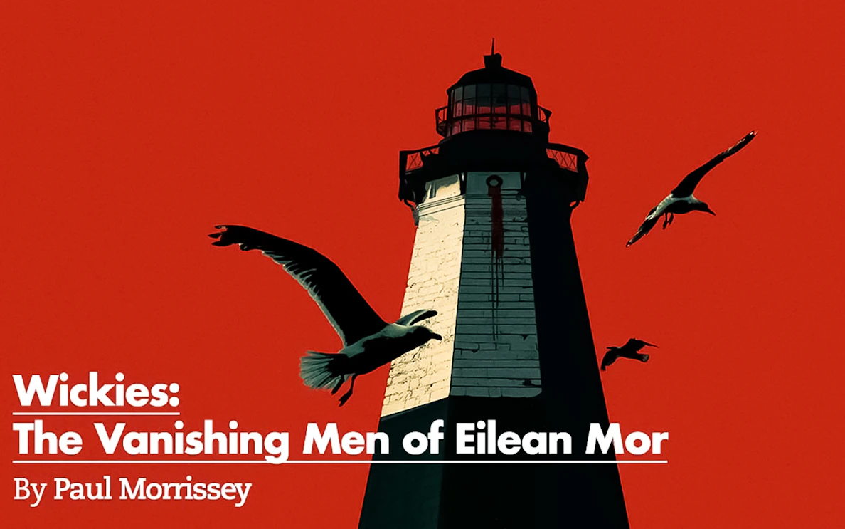 Lighthouse on Eilean Mor with birds flying against a red sky, related to Wickies.