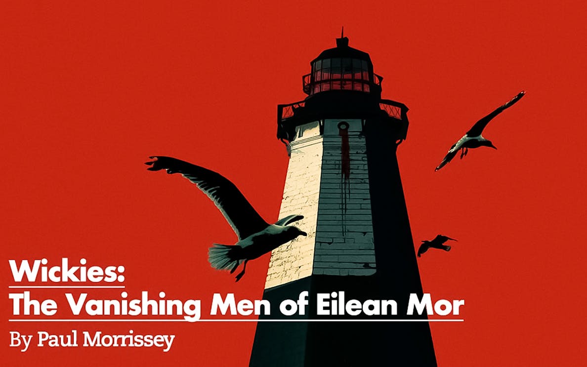 Lighthouse on Eilean Mor with birds flying against a red sky, related to Wickies.