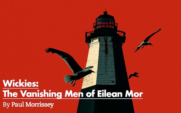 Lighthouse on Eilean Mor with birds flying against a red sky, related to Wickies.