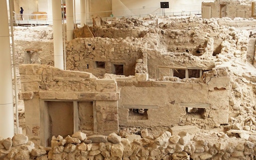 Ancient ruins of Akrotiri archaeological site in Santorini, Greece.