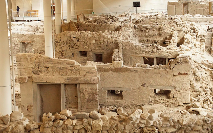 Ancient ruins of Akrotiri archaeological site in Santorini, Greece.