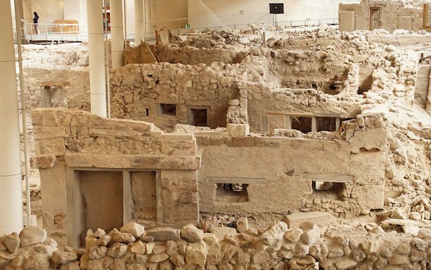 Ancient ruins of Akrotiri archaeological site in Santorini, Greece.