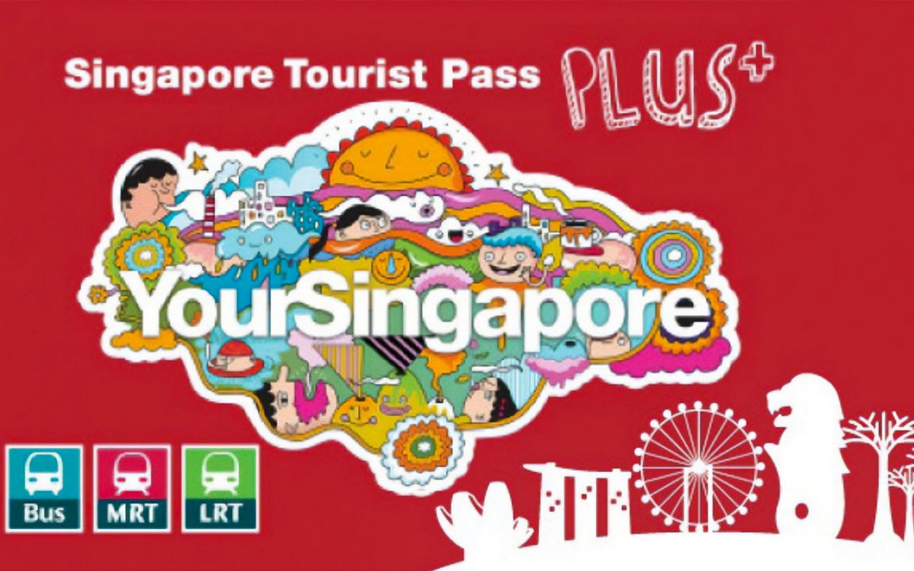 Singapore Tourist Pass PLUS with colorful illustrations and transport icons.