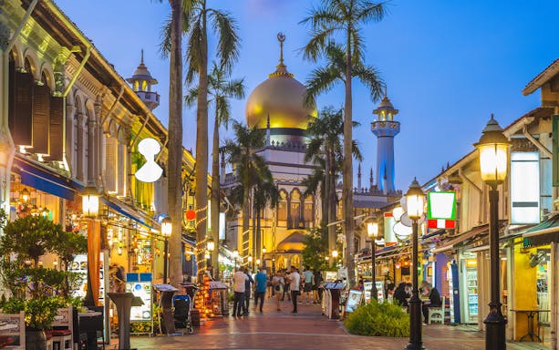 Bustling street near Sultan Mosque in Singapore, showcasing vibrant shops and evening lights.