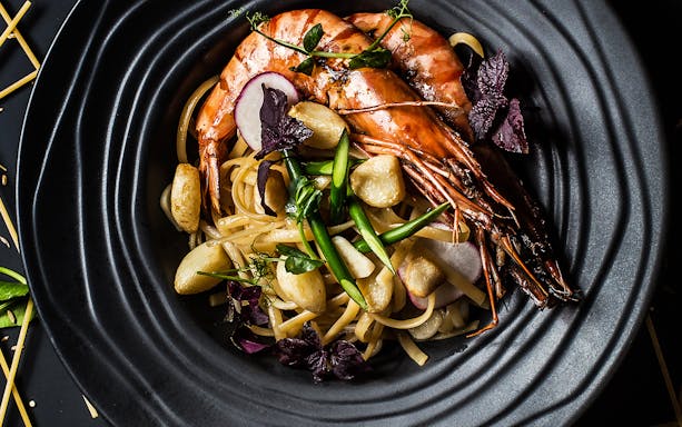 Pasta with prawns and vegetables served at Central Perk Singapore.