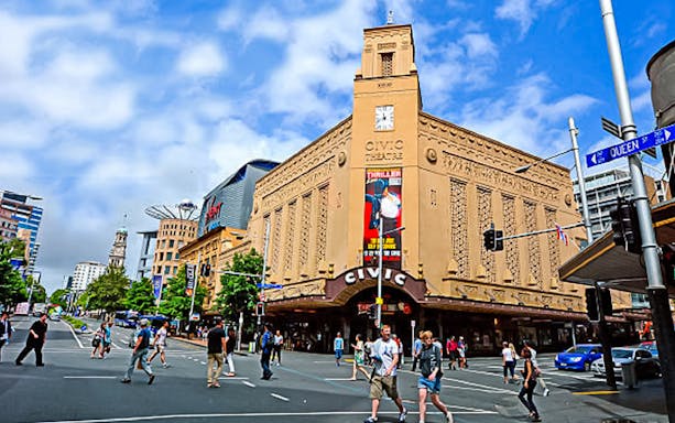 Civic Theatre on Queen Street during a guided walking tour in Auckland.