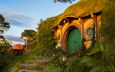 Hobbiton Movie Set with round door and garden, part of Rotorua tour.