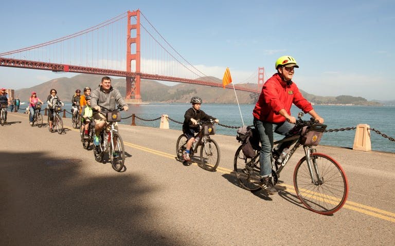 Cyclists on a tour near the Golden Gate Bridge in San Francisco.