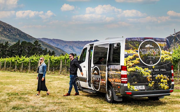 Van at vineyard during Queenstown gourmet food and wine tour.