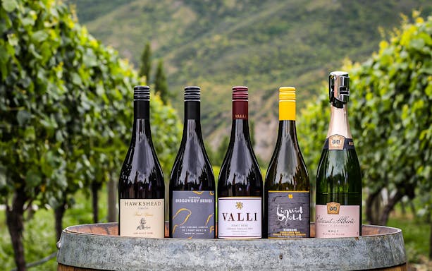 Bottles of wine on a barrel in a vineyard during a Queenstown gourmet food and wine tour.