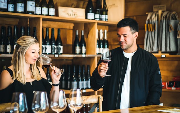 Wine tasting experience in Queenstown winery with two people sampling red wine.