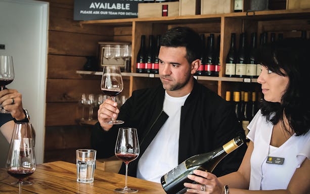 Wine tasting session during a gourmet tour in Queenstown.