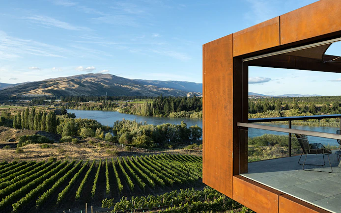 Vineyard view with lake and mountains on a gourmet food and wine tour from Queenstown.