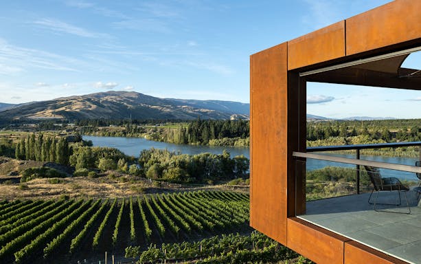 Vineyard view with lake and mountains on a gourmet food and wine tour from Queenstown.