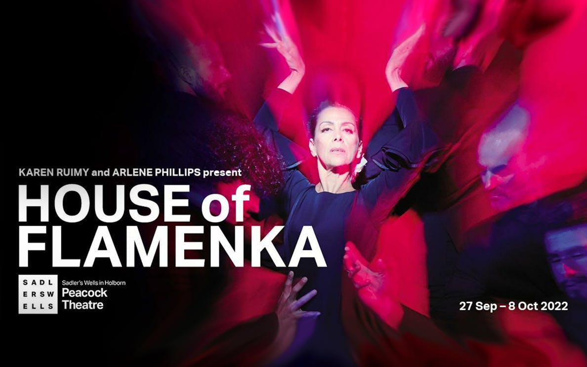 House of Flamenka performance poster with dancers in vibrant red and black at Peacock Theatre.
