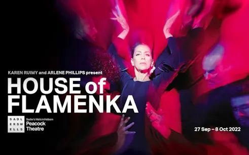 House of Flamenka performance poster with dancers in vibrant red and black at Peacock Theatre.