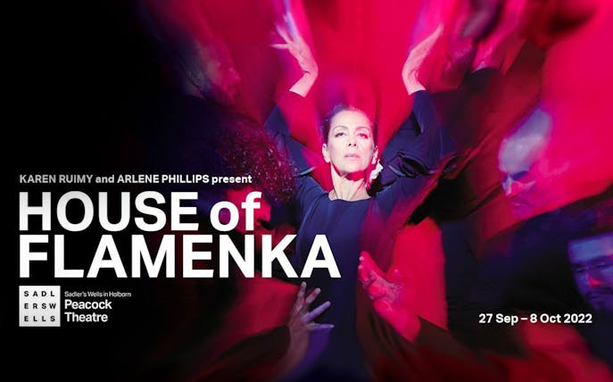 House of Flamenka performance poster with dancers in vibrant red and black at Peacock Theatre.
