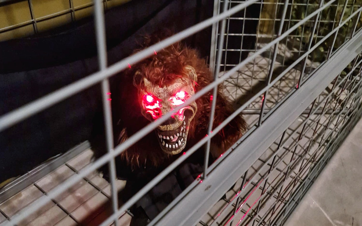 Caged creature with glowing eyes at Trapped Escape Room, Singapore.