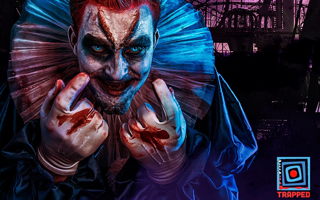 Creepy clown character at Trapped Escape Room in Singapore.