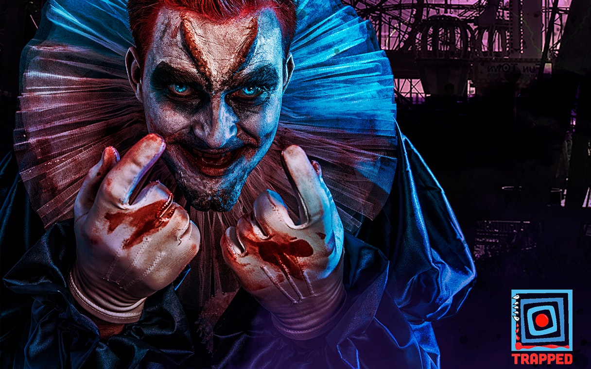 Creepy clown character at Trapped Escape Room in Singapore.