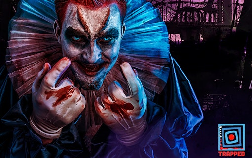 Creepy clown character at Trapped Escape Room in Singapore.