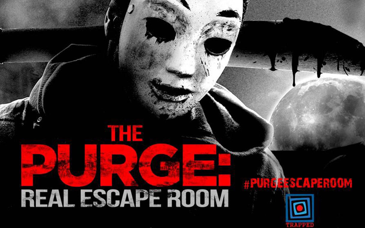 Escape room poster with masked figure and full moon, promoting Trapped Escape Room in Singapore.
