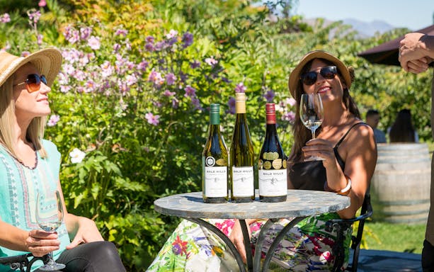 Wine tasting in Queenstown garden setting with three bottles on table.