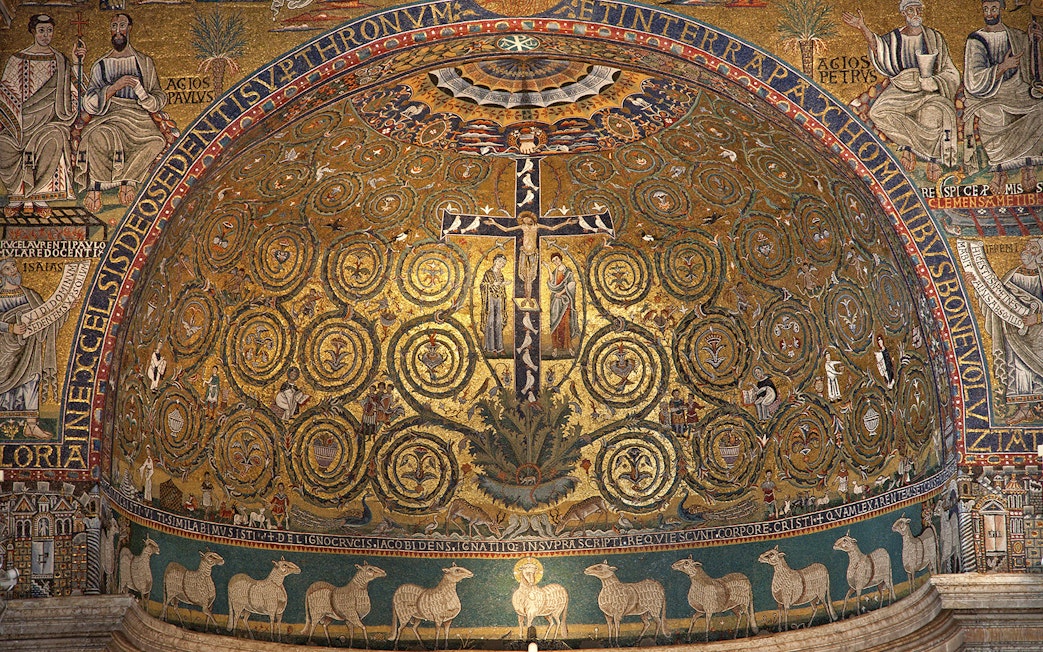 Mosaic ceiling in San Clemente Basilica, Rome, featuring intricate religious artwork.