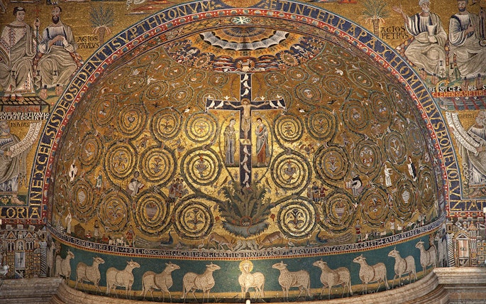 Mosaic ceiling in San Clemente Basilica, Rome, featuring intricate religious artwork.