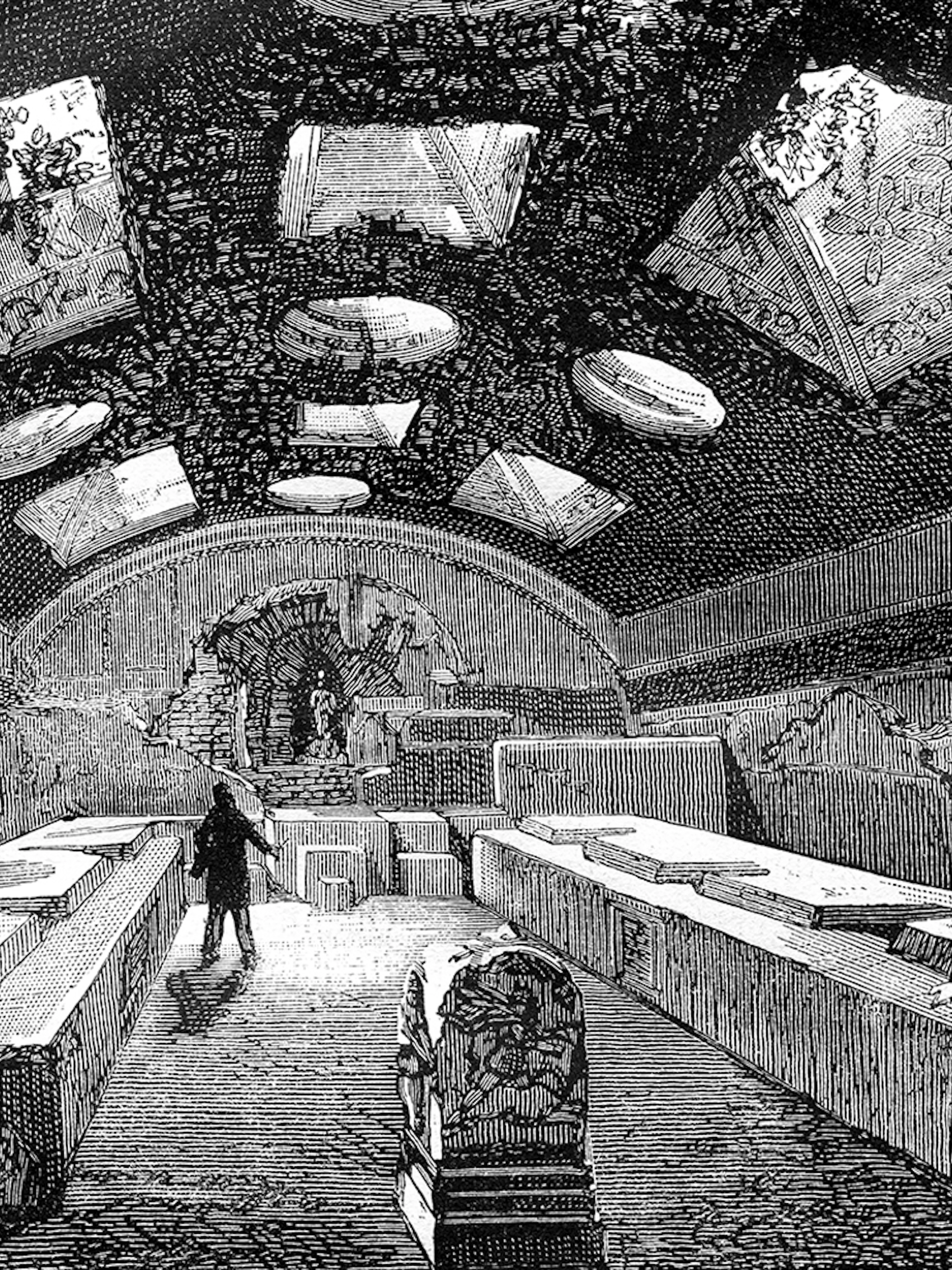 Ancient underground chamber with visitors, San Clemente, Rome.