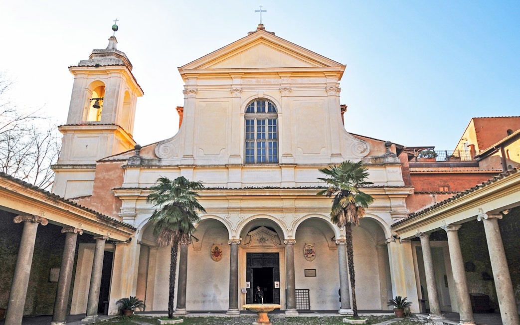 Facade of San Clemente Basilica in Rome, entrance to the underground tour.