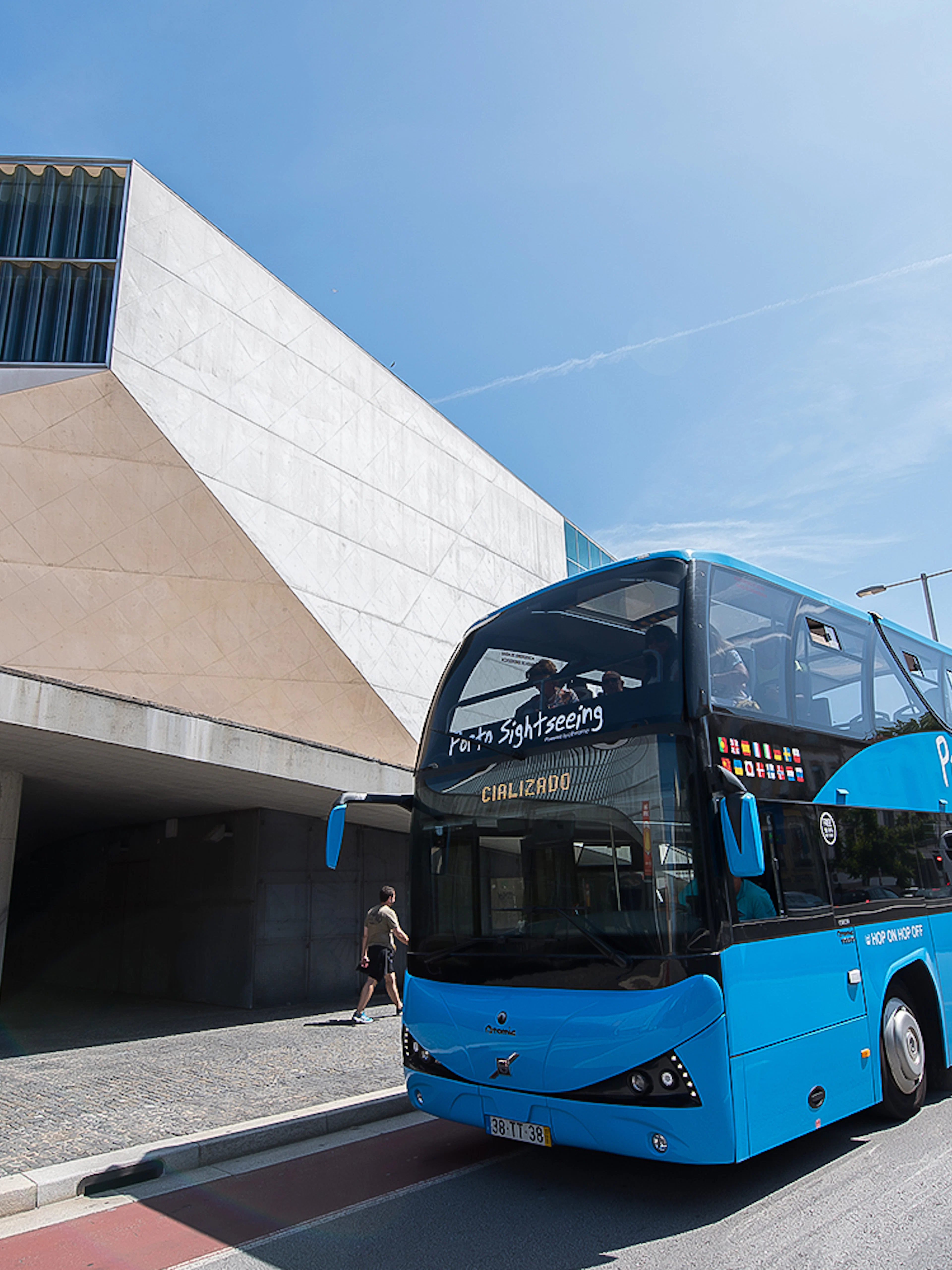 Hop-on hop-off tour bus in front of Casa da Música, Porto.