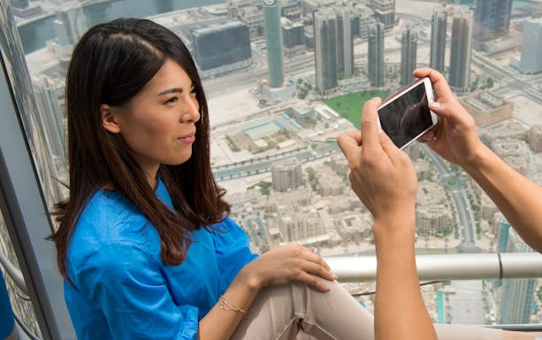 Burj Khalifa observation deck view at sunset, Dubai skyline, Dhow Creek dinner cruise combo.